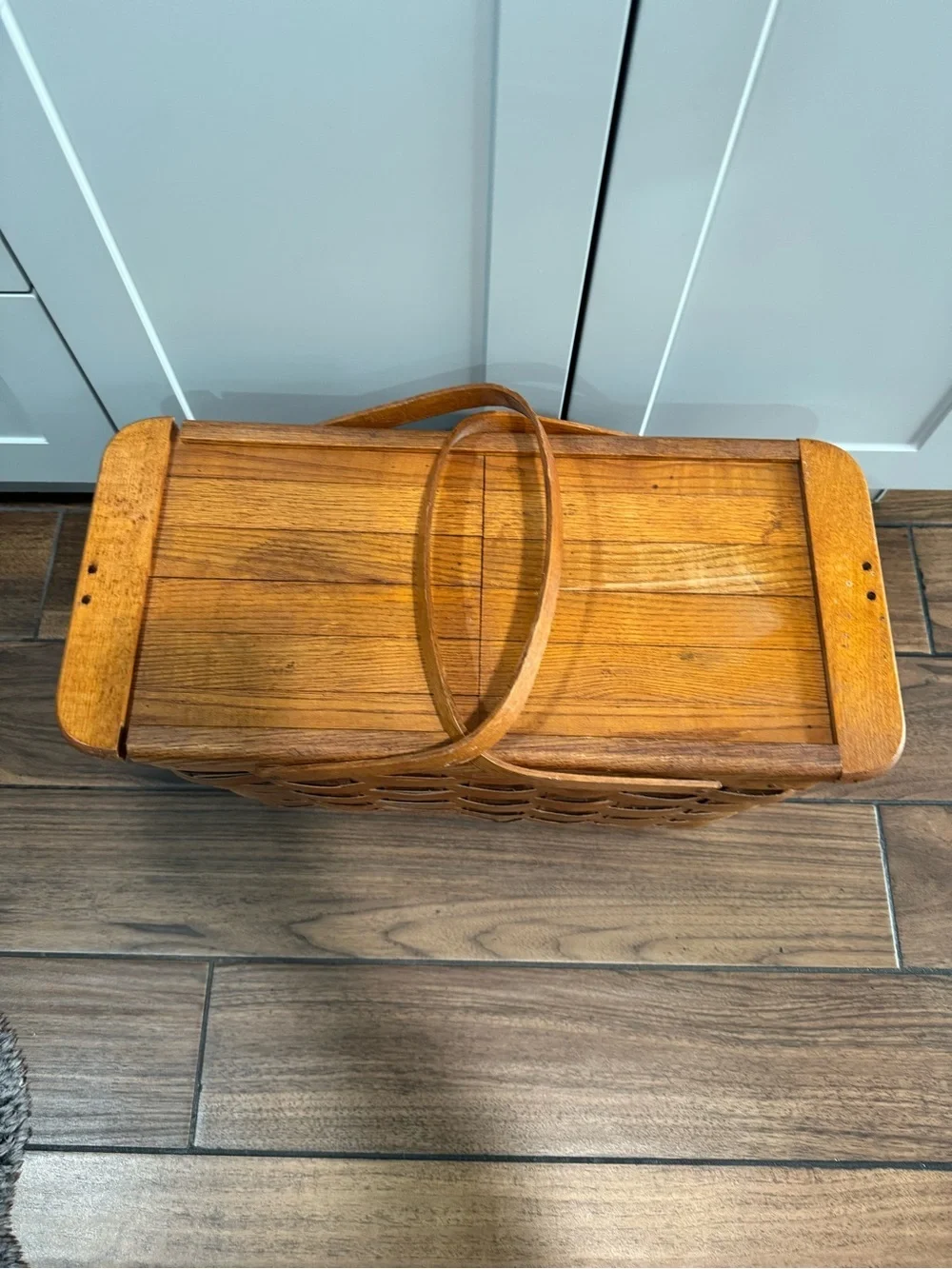 Mid Century Basketville woven oak Picnic Basket With Sliding Lid Doors brown